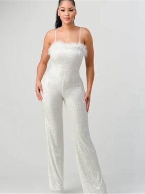 privy White Sequin Feather-Trim Jumpsuit